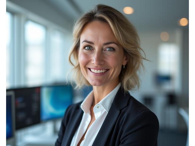Dr. Evelyn Reed, founder of Vitalis Bloom, smiling confidently in a modern, bright office setting.