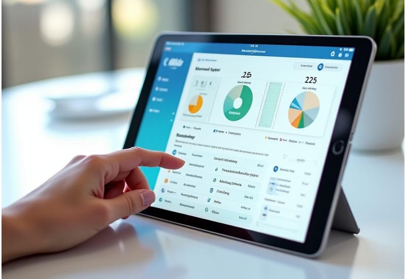 Close-up of Vitalis Bloom's digital platform interface displaying health metrics and personalized wellness plan on a sleek tablet.