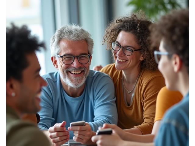 Diverse group of adults smiling and interacting in a vibrant online community, vibrant and supportive atmosphere.