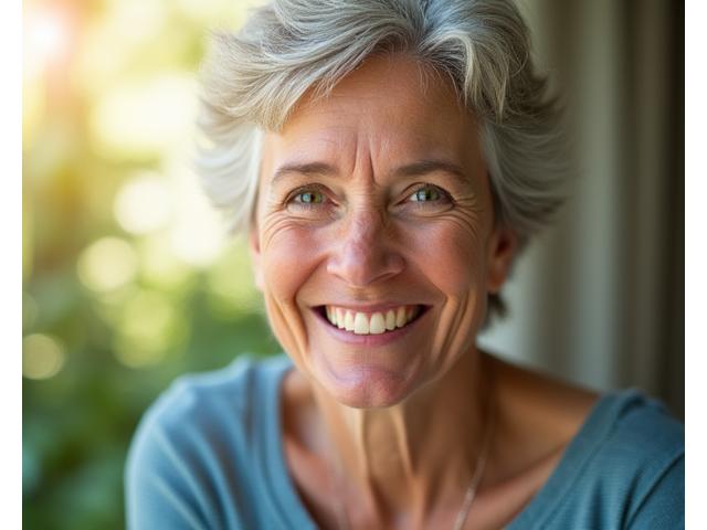Woman smiling confidently, showing a clear before-and-after transformation, vibrant and inspiring, representing health milestones.