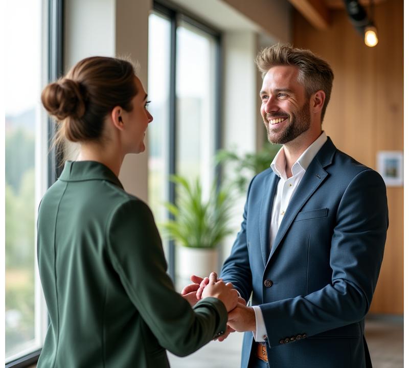 A serene professional reaching out to shake hands with a client, symbolizing connection and care, set in a modern, light-filled wellness space in Santa Monica.