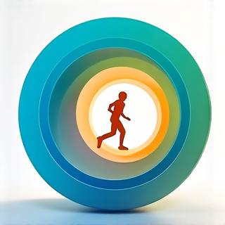 An abstract illustration of a person's silhouette with concentric rings indicating completed activity goals, representing steps and exercise intensity.