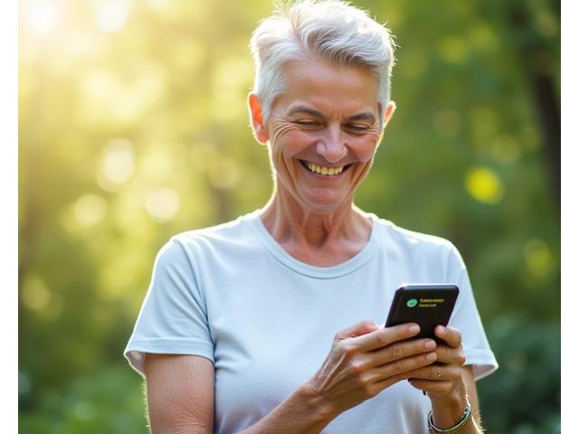 A mature adult happily checking their progress on a Vitalis Bloom app, showing a positive trend line and an achievement badge, with lush green background suggesting growth and vitality.