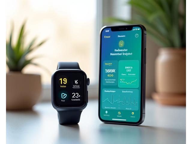 A sleek smartwatch displaying health metrics seamlessly synced with an intuitive mobile application dashboard. The dashboard shows heart rate, sleep cycles, and daily activity trends with Vitalis Bloom's branding integrated.