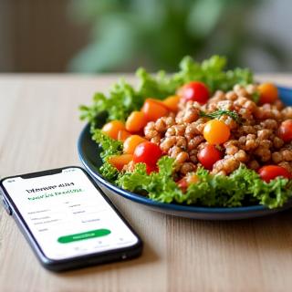 A vibrant plate of healthy, balanced food alongside a smartphone screen displaying a food logging app, emphasizing nutrition tracking.