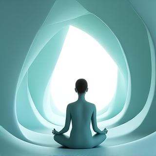 Abstract depiction of stress relief through mindfulness, showing calm, flowing lines and soft light around a contemplative figure.