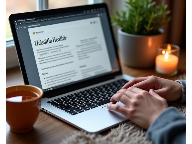 Someone reading a health article on a laptop with a cup of herbal tea.