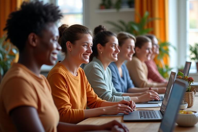 A diverse group of adults participating in a virtual workshop on nutrition, focusing on healthy food preparation.