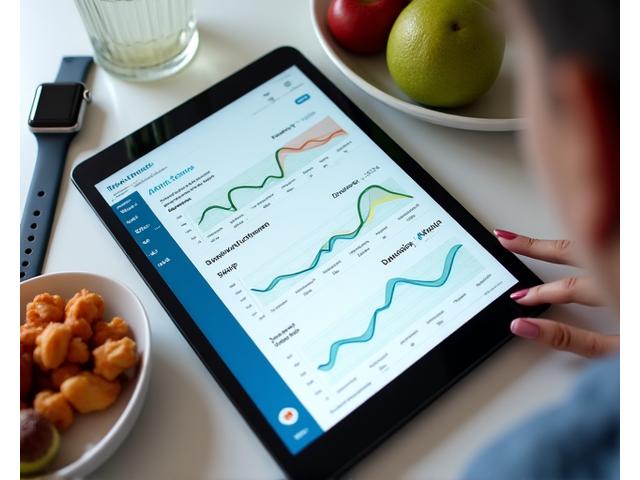 Close-up view of a tablet displaying a Vitalis Bloom health tracking dashboard with clear graphs showing progress in activity, sleep, and nutrition. A smartwatch and healthy snack are in the background.