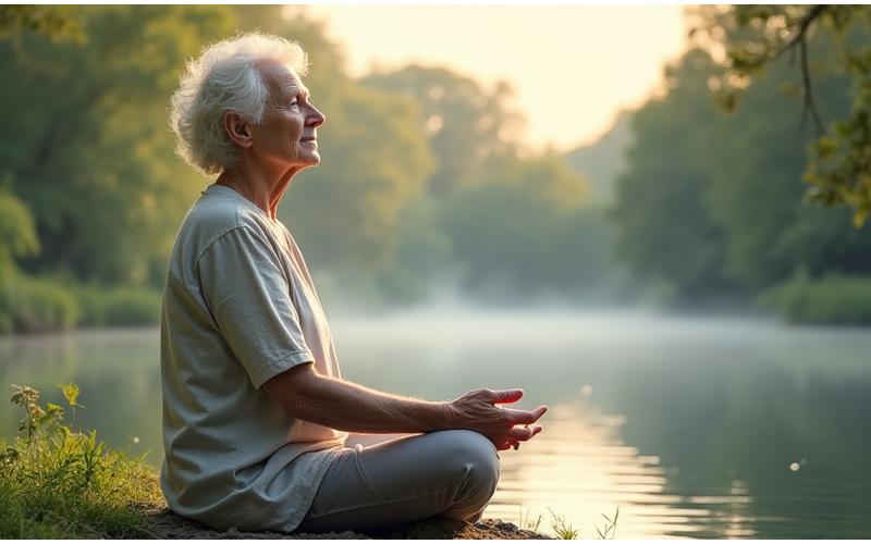 Older adult meditating by a serene lake, symbolizing mindful aging and peace