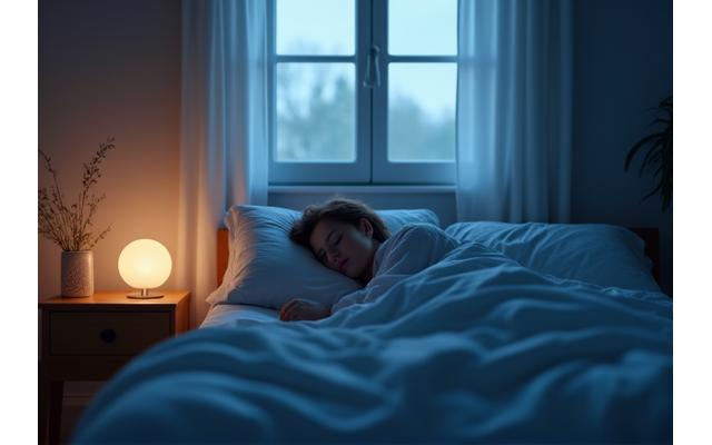 Person sleeping peacefully, surrounded by soft light, representing a sleep aid app