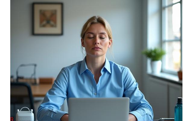 Person managing workplace stress, calm amidst office setting