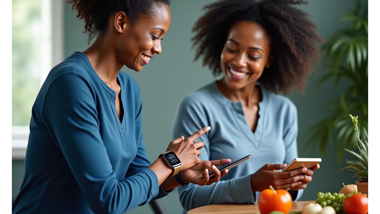 Diverse adults engaging with health tech products, a smartwatch, a nutritionist reviewing supplements on a tablet, and a yoga mat, all subtly blended into a wellness technology theme with a focus on trust and expert validation.