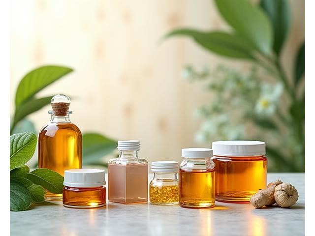 Image of various natural health supplements like vitamins, herbal extracts, and protein powders, elegantly arranged with green leaves on a light wooden background to convey natural wellness and scientific formulation.