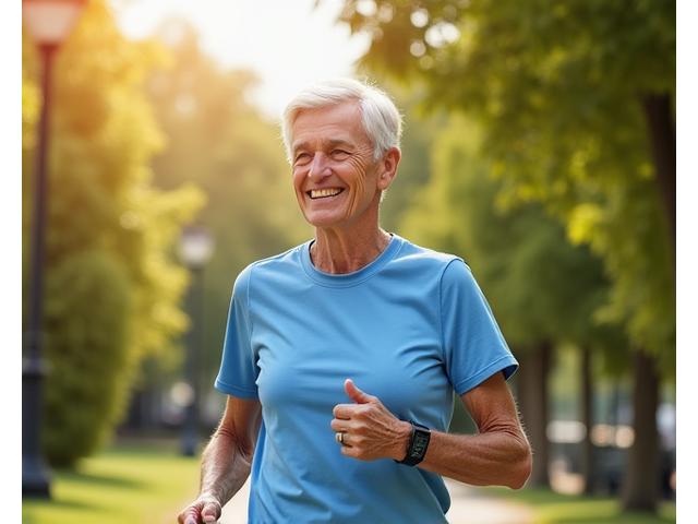 An active senior adult, perhaps in their late 50s or early 60s, is seen walking briskly outdoors, wearing a multi-functional fitness tracker on their wrist. The image conveys energy and age-appropriate activity.