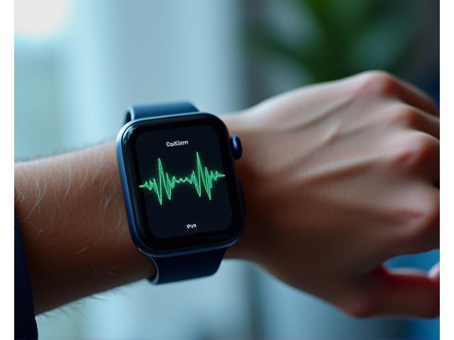A modern smartwatch displaying an ECG waveform on its screen, with a hand gently resting on a wrist.