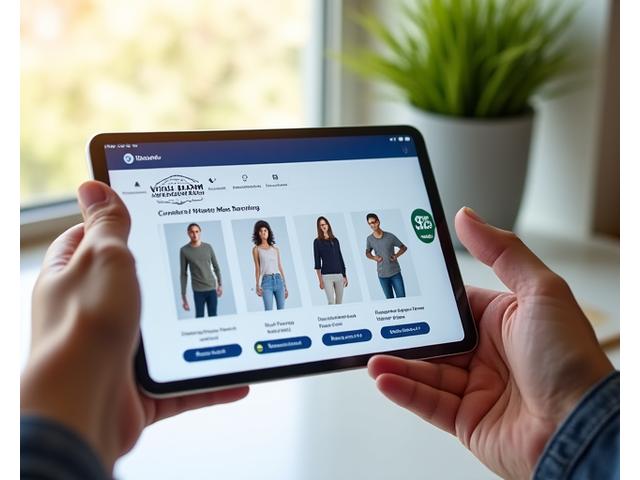 An aesthetically pleasing, natural light shot of a hand holding a smart device (tablet or phone) displaying the Vitalis Bloom marketplace with curated wearable options and a 'member pricing' badge. The other hand is holding a virtual cart icon, indicating seamless digital shopping. Subtle elements of wellness, like a plant or a calm background.