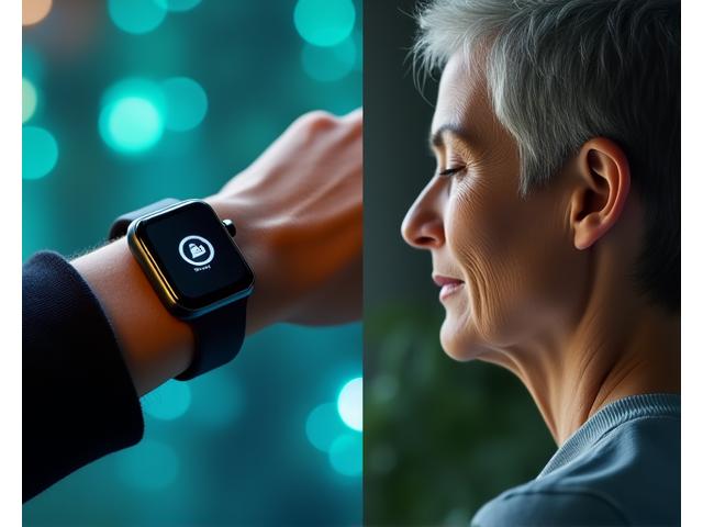 A split image. One side shows a wearable on a wrist, discreetly featuring a notification or alert symbol (like a gentle reminder or an SOS icon). The other side shows a calm, mature individual taking a deep breath or meditating, suggesting stress reduction, with subtle visual cues of data tracking on a device.