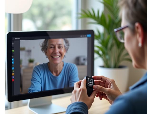 A friendly, professional Vitalis Bloom health coach on a video call, patiently guiding an older adult through setting up a wearable device. The screen shows the device interface. The scene is bright and reassuring, emphasizing personalized support.
