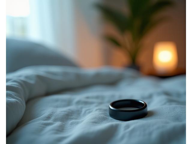 A sleek smart ring resting on a bedside table next to a calm, softly lit bedroom setting. The focus is on the ring, suggesting unobtrusive sleep monitoring.