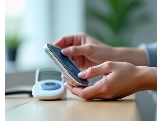 A close-up of a hand gently holding a compact, modern blood pressure monitor or glucose tracking device, emphasizing ease of use and discreet design. Soft, clean lighting.