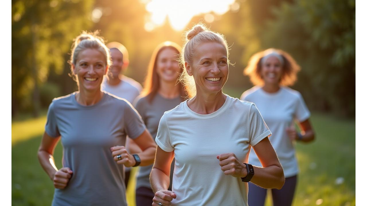A diverse group of healthy, active adults, aged 40-60, smiling and engaging in light exercise (e.g., brisk walking, stretching) while subtly wearing various modern, sleek smart wearables (watches, rings). The scene is bright and outdoor, perhaps a park or a modern, airy home gym. The focus is on vitality, health, and accessible technology. Colors are vibrant but natural, reflecting the brand's primary green, blue, and warm accent orange. A subtle golden hour glow.