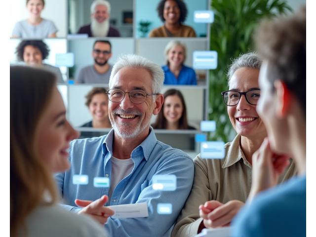 A diverse group of adults engaged in lively online discussion, with chat interfaces and video calls visible on multiple screens, symbolizing community and connection.