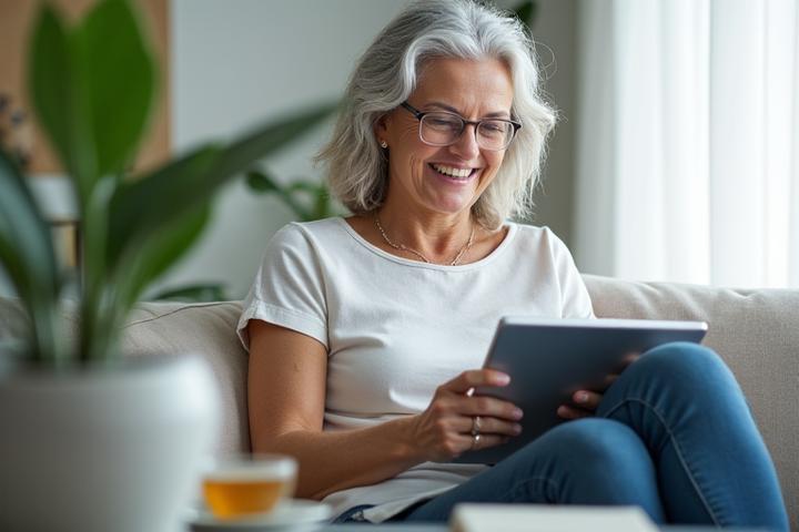 Woman participating in a virtual wellness workshop on a tablet, smiling and taking notes in a bright, modern living room.