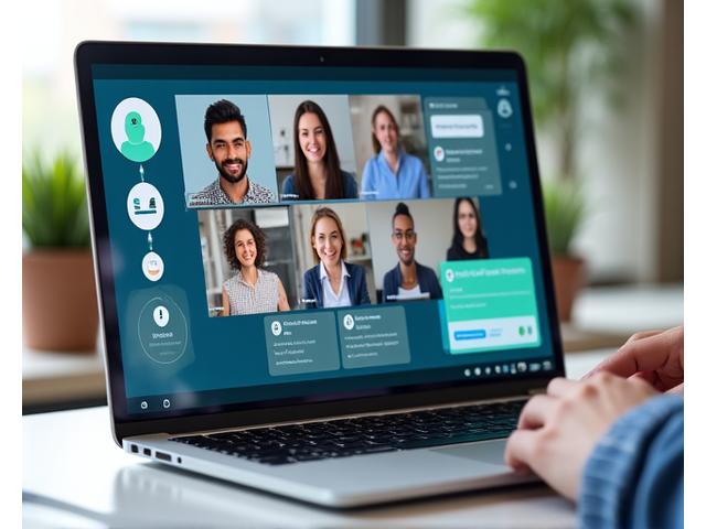 A diverse group of adults interacting online during a virtual workshop, with chat bubbles, polling options, and a speaker's video feed visible on screen.